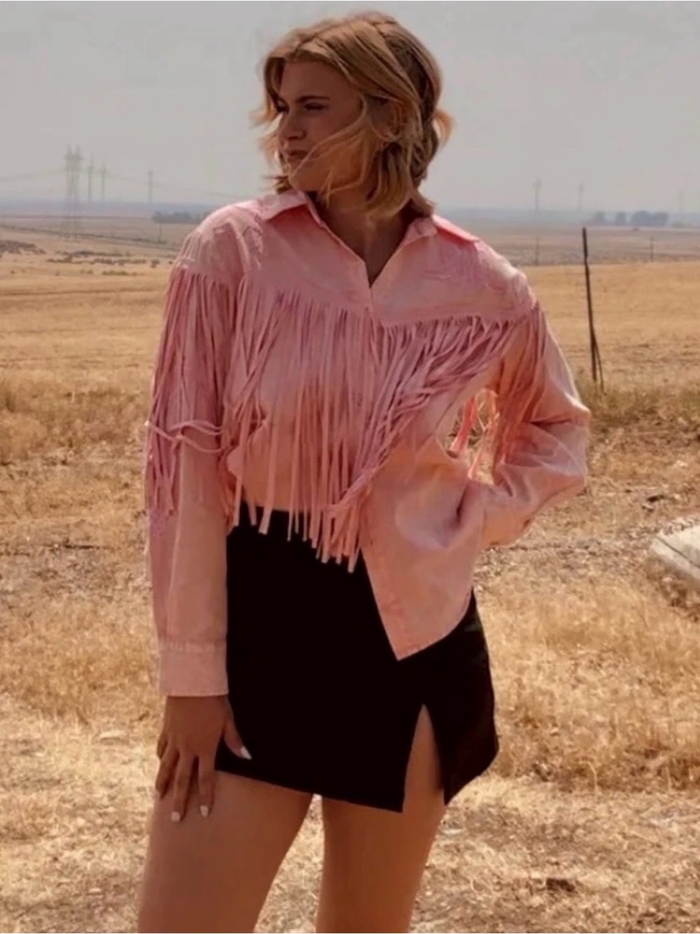 NWT BLUE B western fringe acid washed pink button front shirt size small rodeo